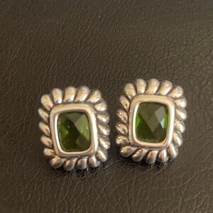 Silver tone green stone earrings. David Yurman style